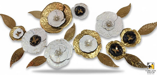 Glam White, Black, and Gold Floral Metal Wall Art