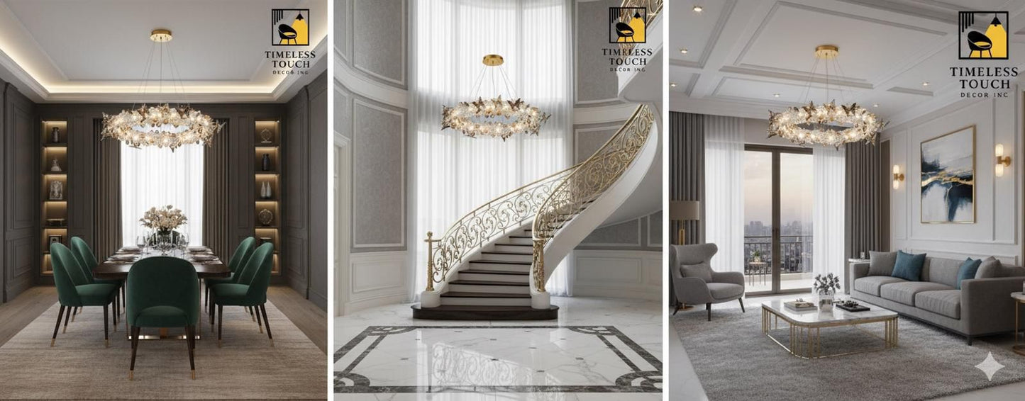 Luxury Amber Crystal Ring Chandelier with Fluttering Butterflies