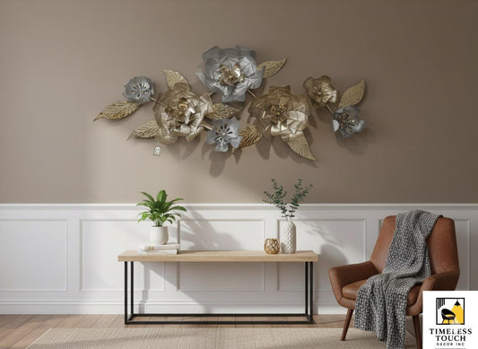 3D Gold and Silver Metallic Floral Wall Sculpture