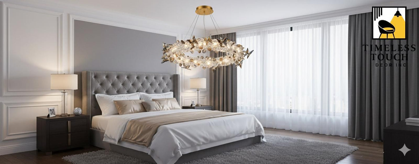 Luxury Amber Crystal Ring Chandelier with Fluttering Butterflies