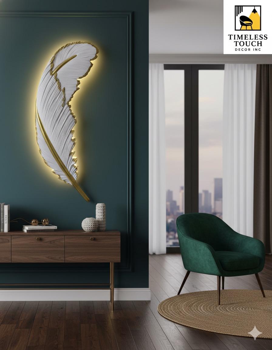 Luxury LED Feather Wall Sconce - White & Gold Textured Accent Light