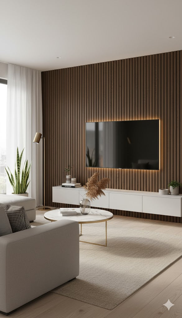 3D Fluted Wall Panel - Rustic Walnut Faux Wood Grain (Vertical Slats)